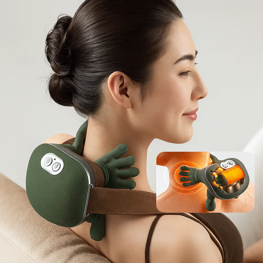 Woman using neck and shoulder massager for daily wellness